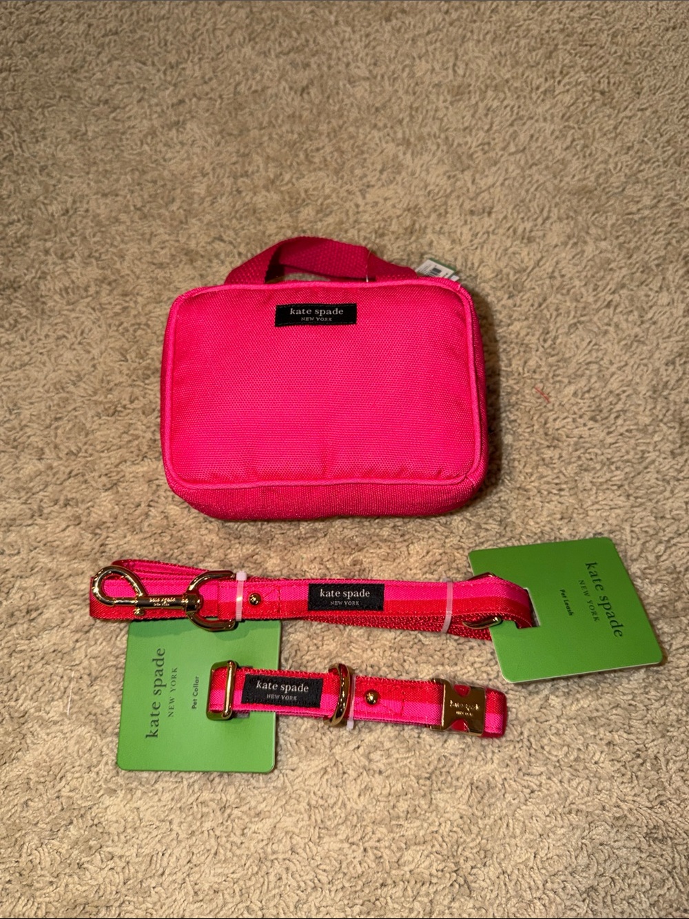 kate spade Hot Pink Dog Collar, Leash & Toy